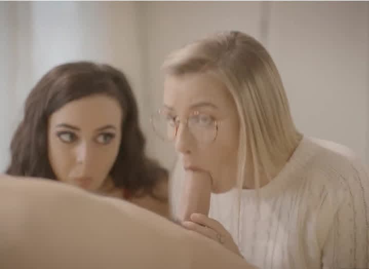 Naughty Curly Brunette Helps Shy Blonde Friend Learn How to Give a Perfect Blowjob